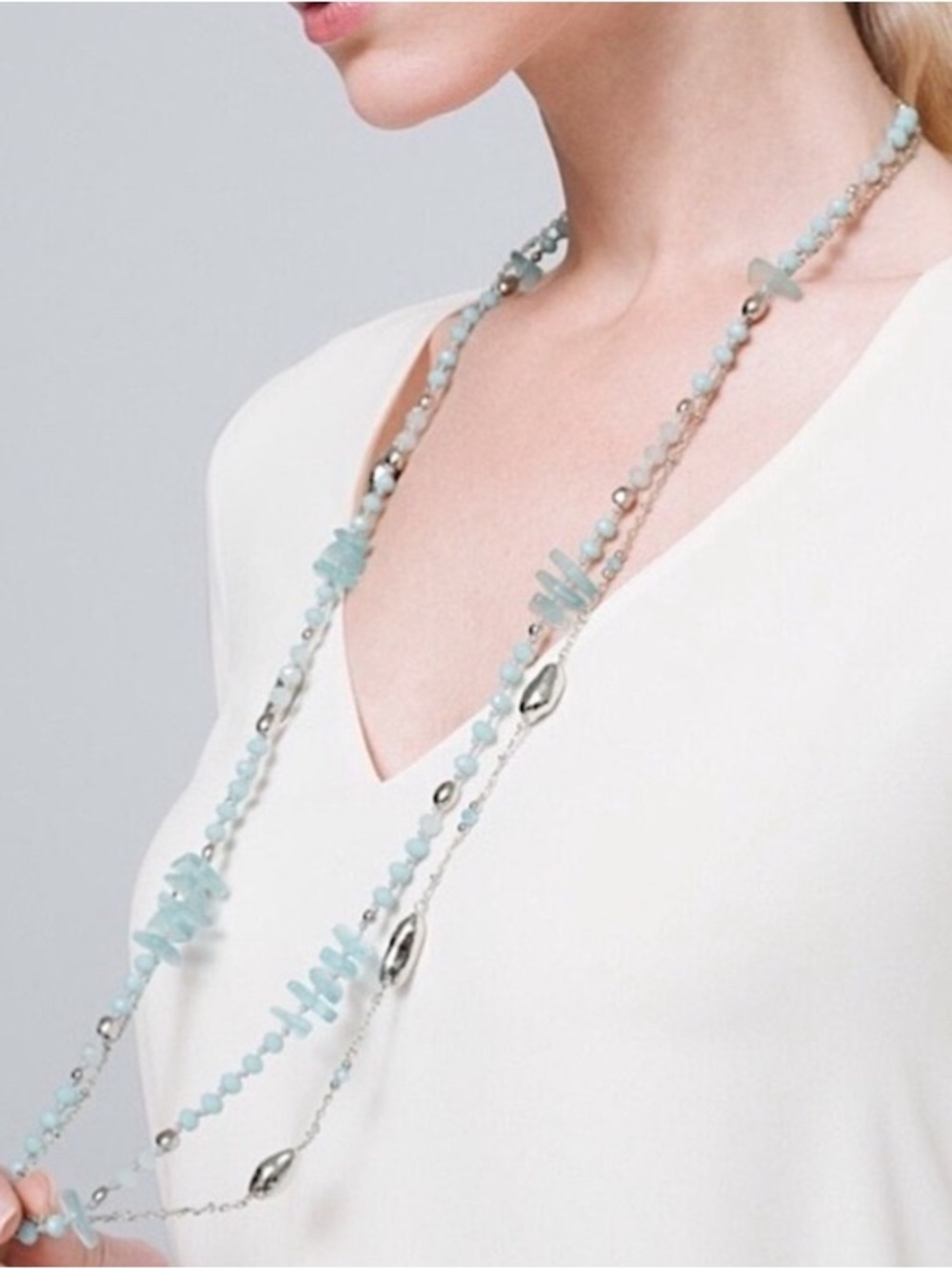 WHBM Long Aquamarine Beaded Layered Necklace -